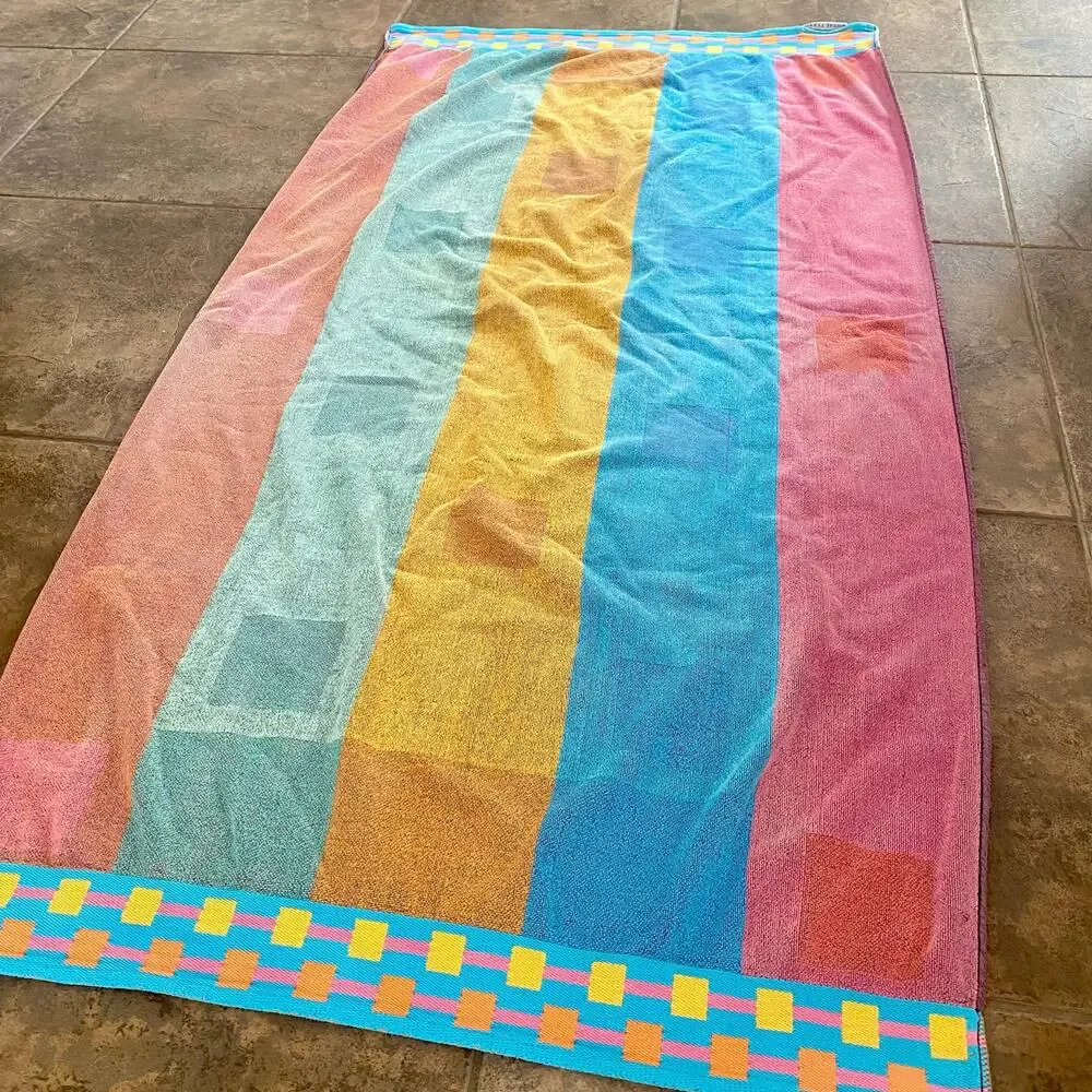 Vintage Royal Terry Beach Towel Colorful Colorblock Stripes 80s 90s 100% Cotton